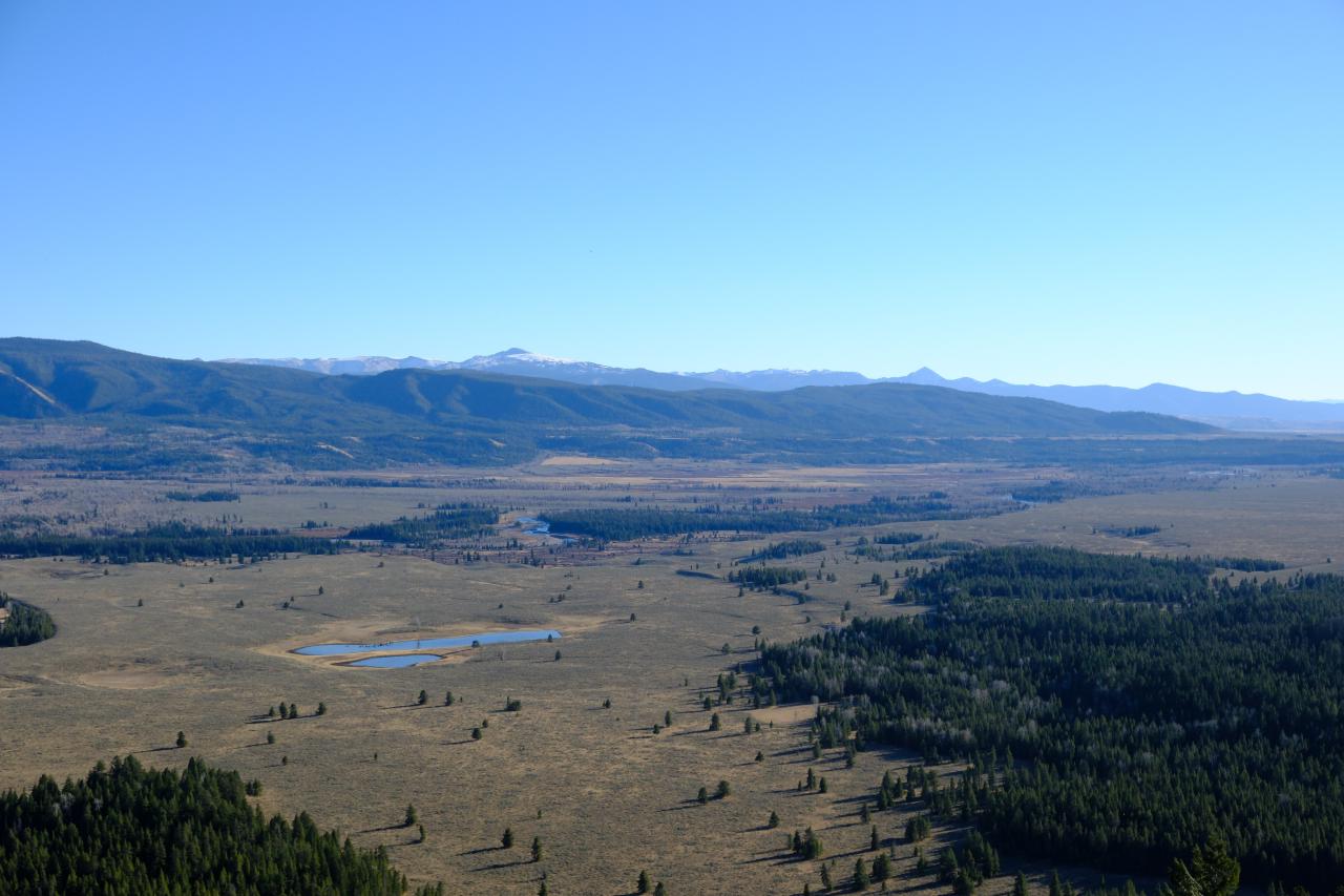 A landscape perspective showing a wide flat plain, partially covered in trees. Roughly in the middle is a lake.
