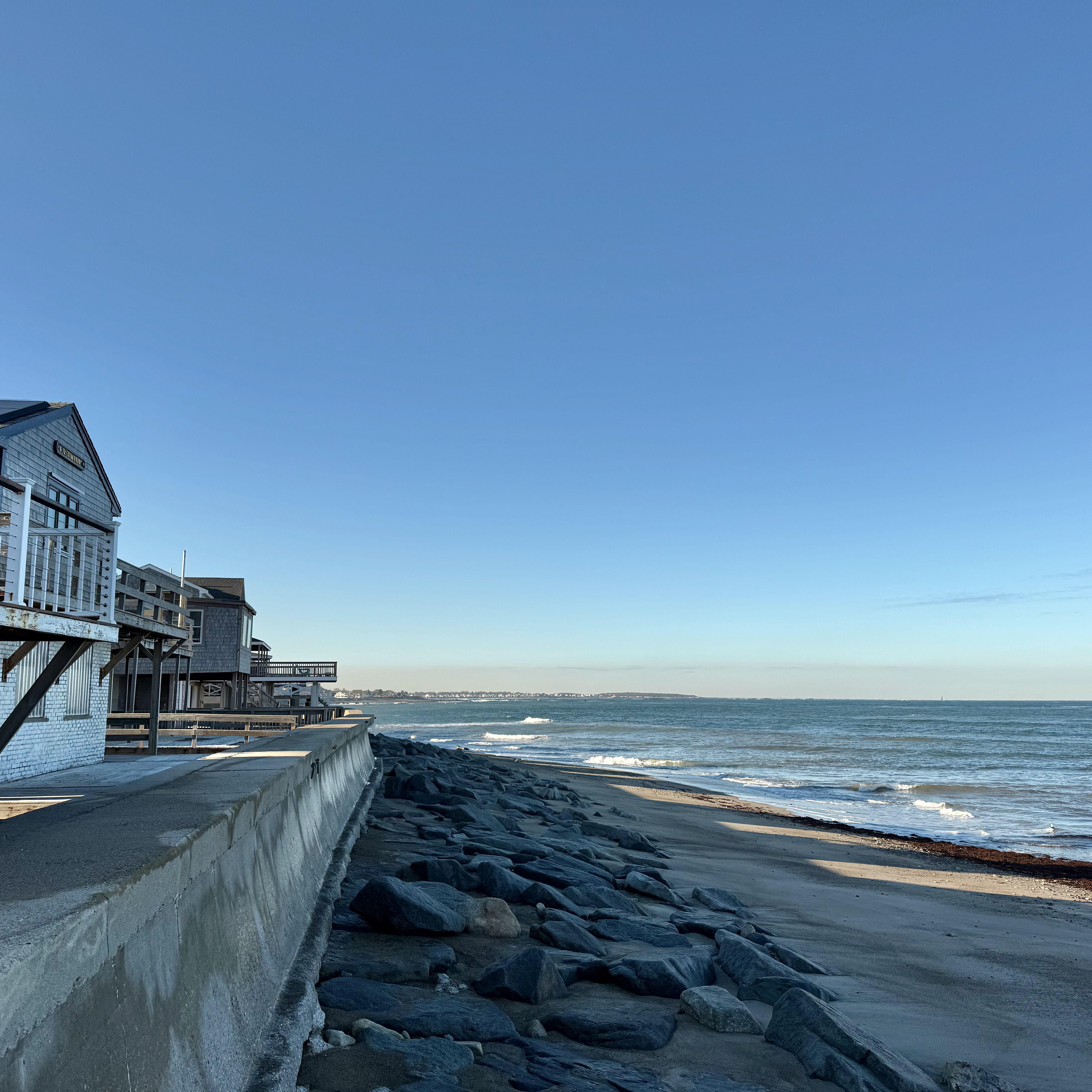 The sea wall along Sand Hills Beach, where Tess spent many summers