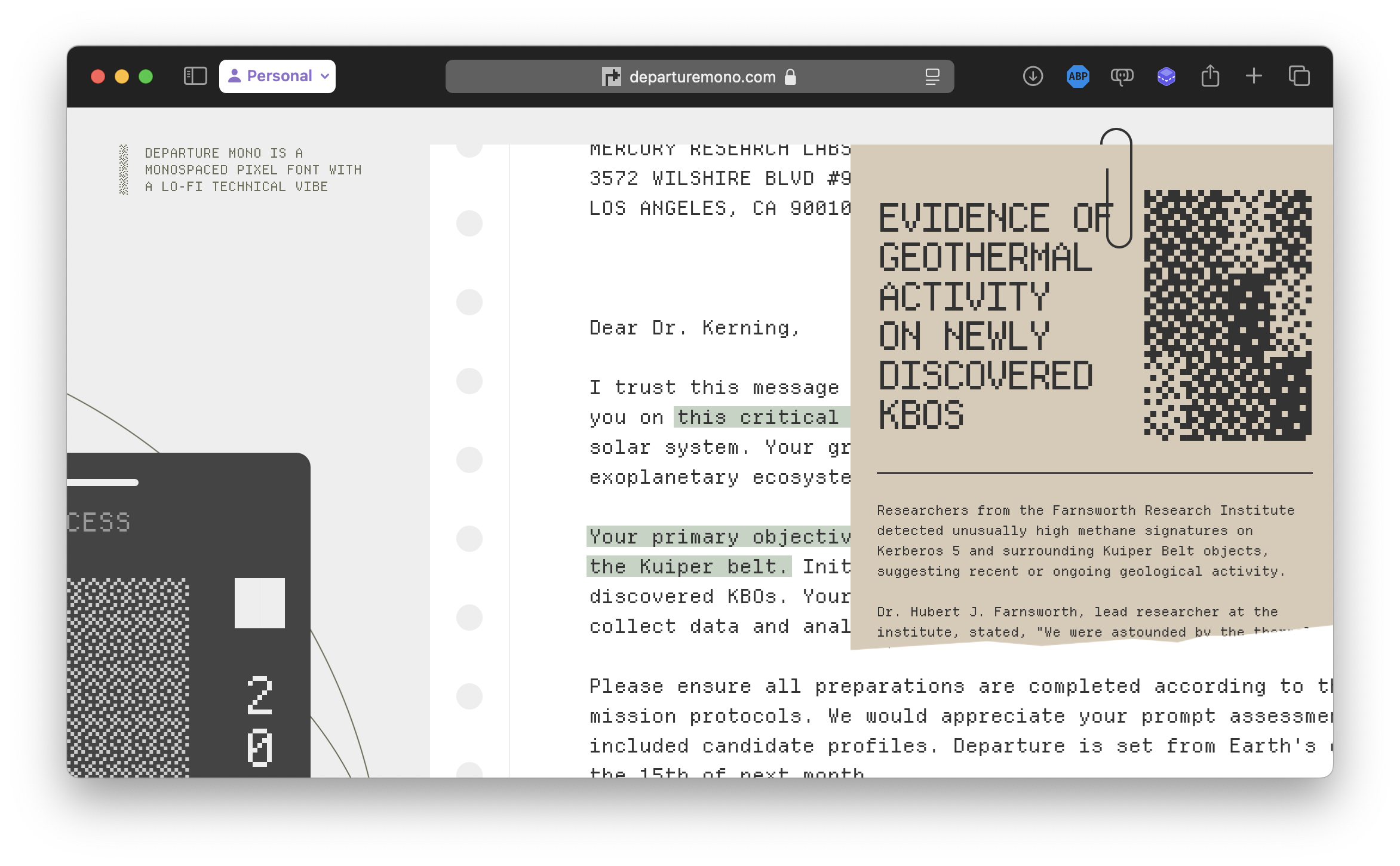 A screenshot of the Departure Mono website. On the left, a small caption "Departure Mono is a monospaced pixel font with a lo-fi technical vibe". On the right are two examples: a personal letter on continuous feed paper, and a notice on small stationary.
