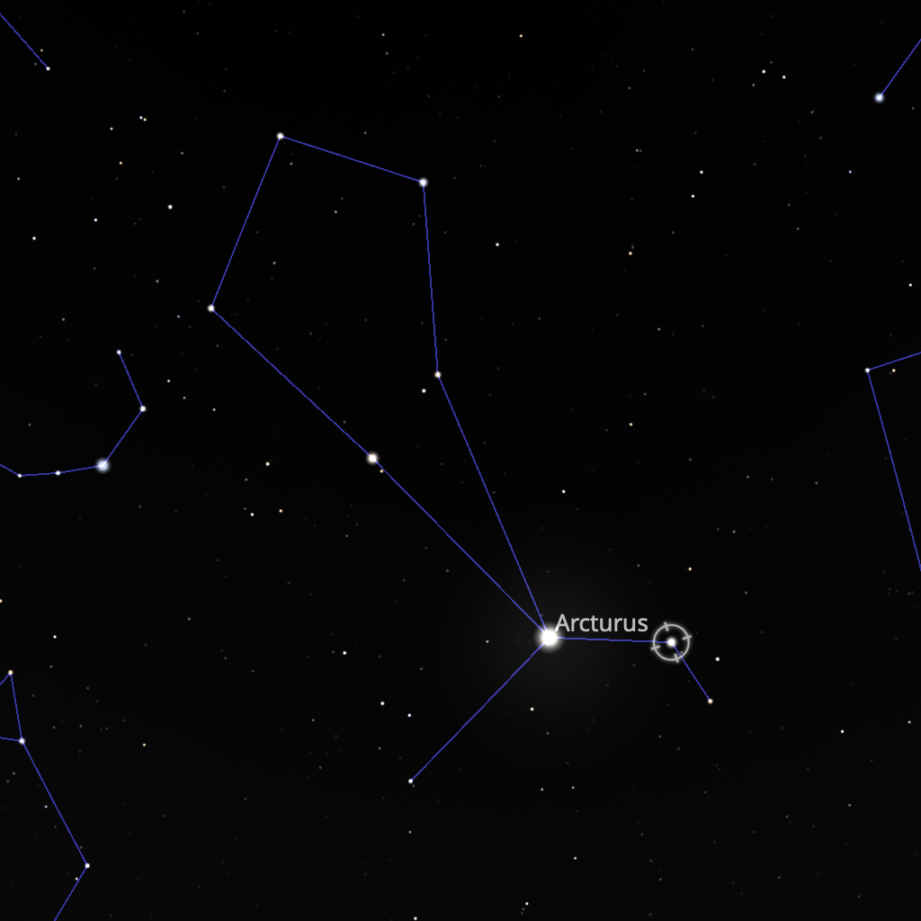 Eta Boötes, indicated by the target reticle. Screenshot of Stellarium, an open source planetarium package.
