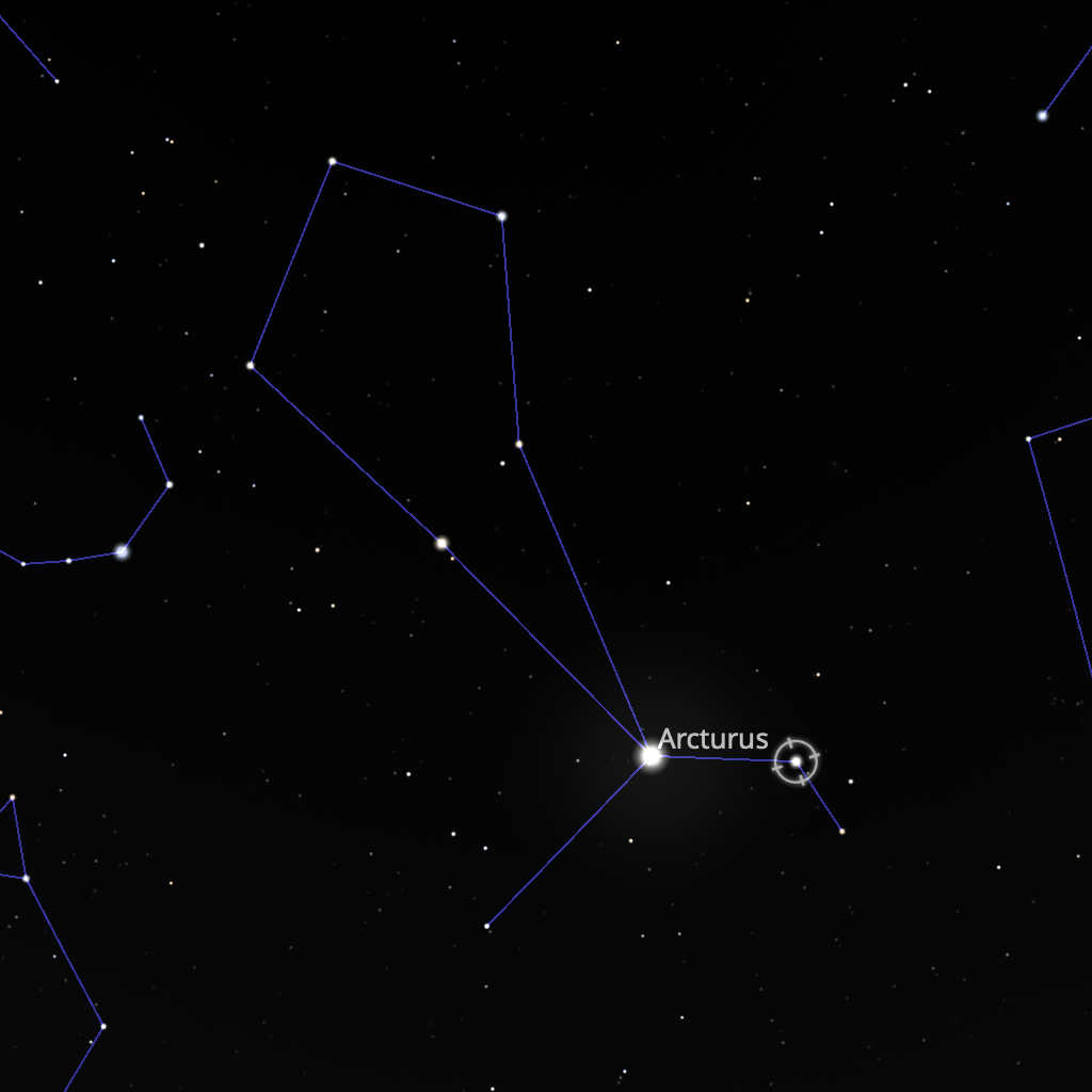 Eta Boötes, indicated by the target reticle. Screenshot of Stellarium, an open source planetarium package.
Eta Boötes, indicated by the target reticle. Screenshot of Stellarium, an open source planetarium package.