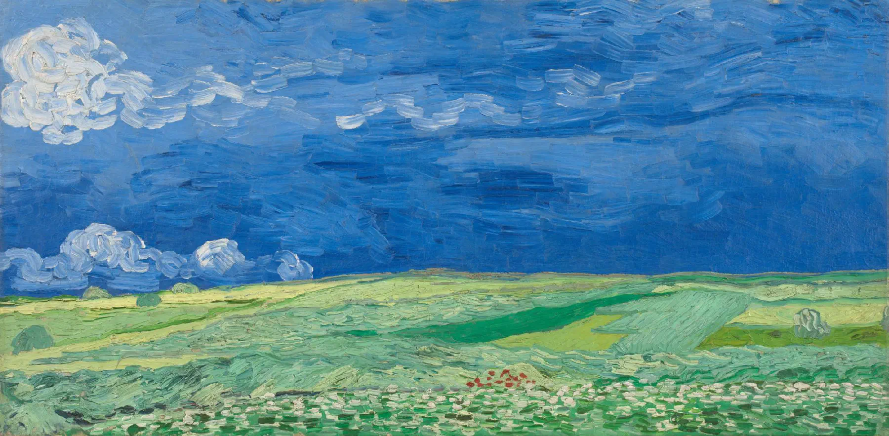 [Wheatfields under Thunderclouds](https://www.vangoghmuseum.nl/en/collection/s0106V1962).
Van Gogh made this piece in the last few months of his life. The way he rendered
the clouds stood out to me immediately, as if he loses his will to finish them
as he moves across the canvas.
