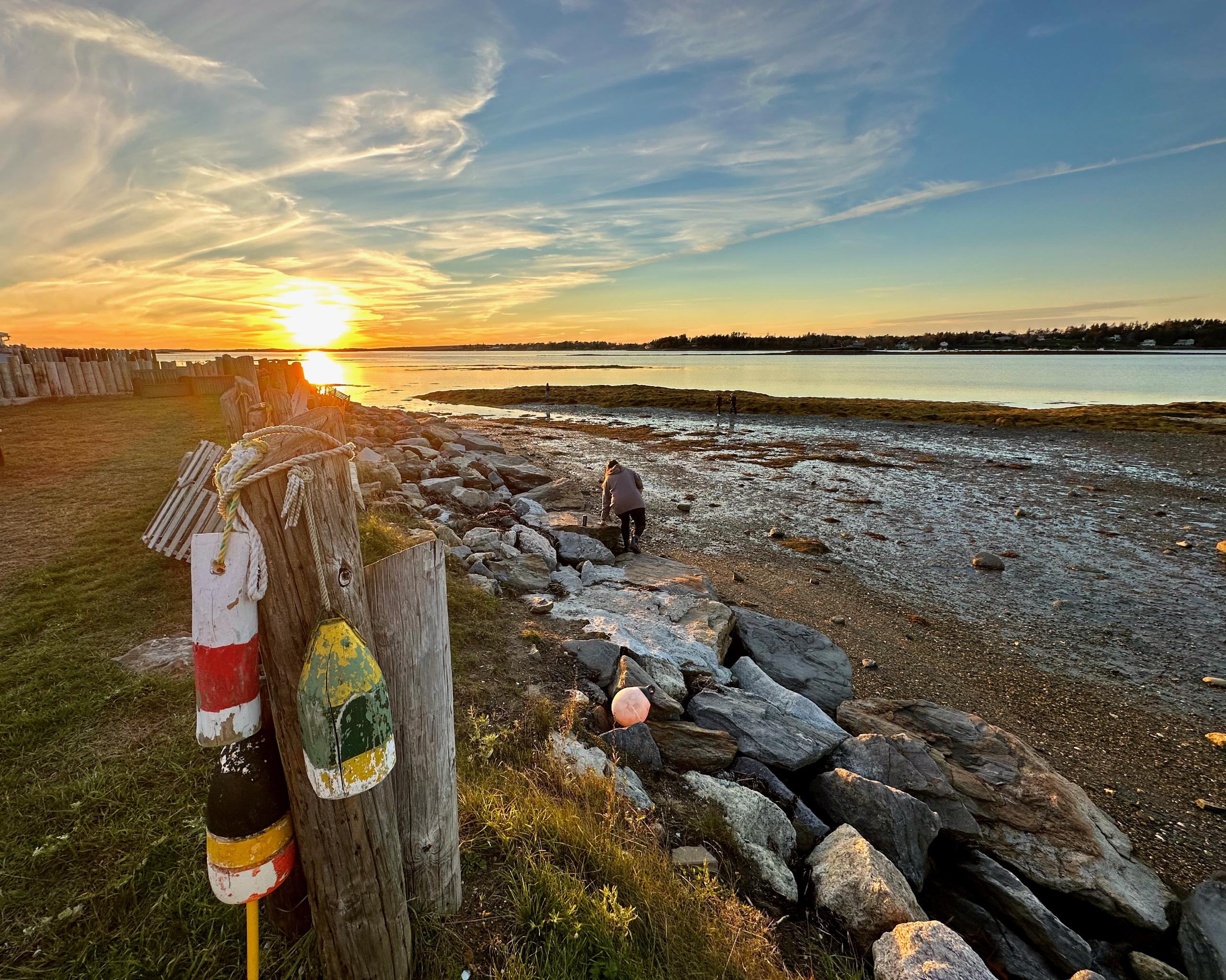 The sun sets over an inlet on Casco Bay. In the foreground is a fence, with a tidal mudflat beyond. There are several people out on the mudflat. There's another strip of land in the far distance, and a few boats moored to bouys in the water.