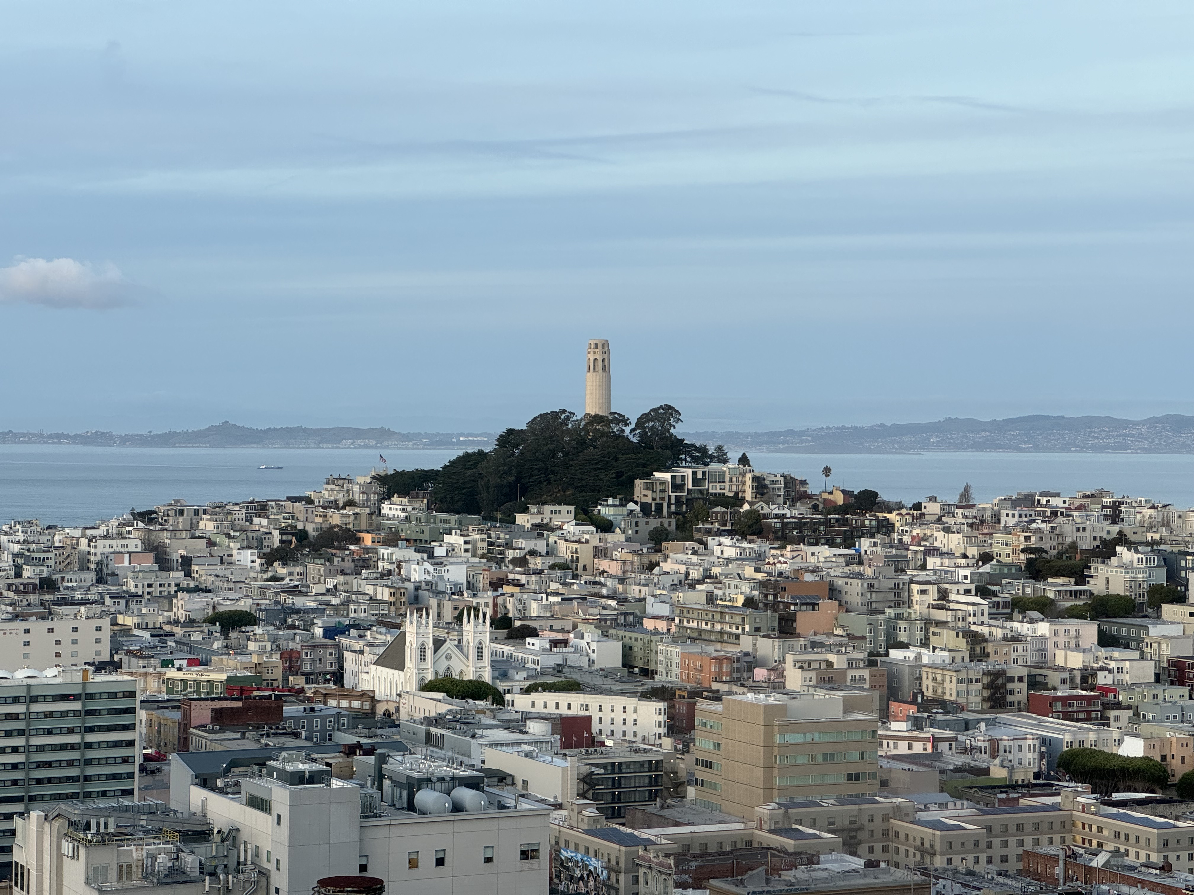 A round creamy white tower stands atop a hill, surrounded by trees. A dense urban environment surrounds the hilltop. In the distance, the San Francisco Bay and Berkeley Hill.
