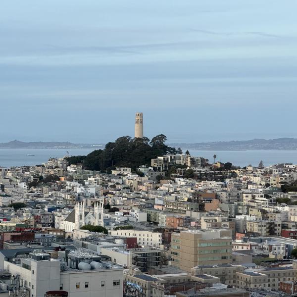 A round creamy white tower stands atop a hill, surrounded by trees. A dense urban environment surrounds the hilltop. In the distance, the San Francisco Bay and Berkeley Hill.
