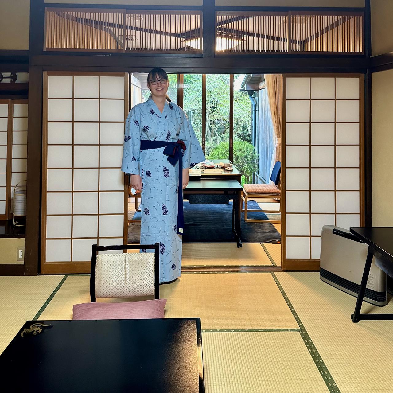 Me, dressed in a yukata, in our room at Matsusaki