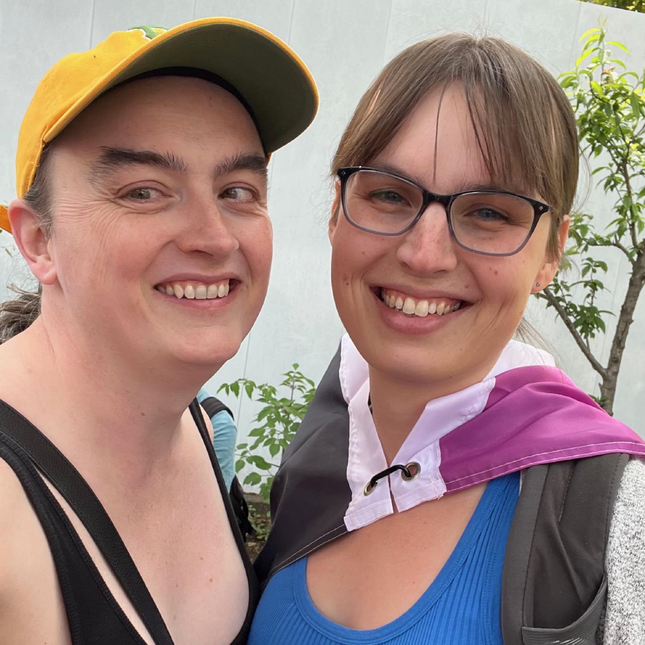 Tess and me at Tōkyō Rainbow Pride, both of us smiling